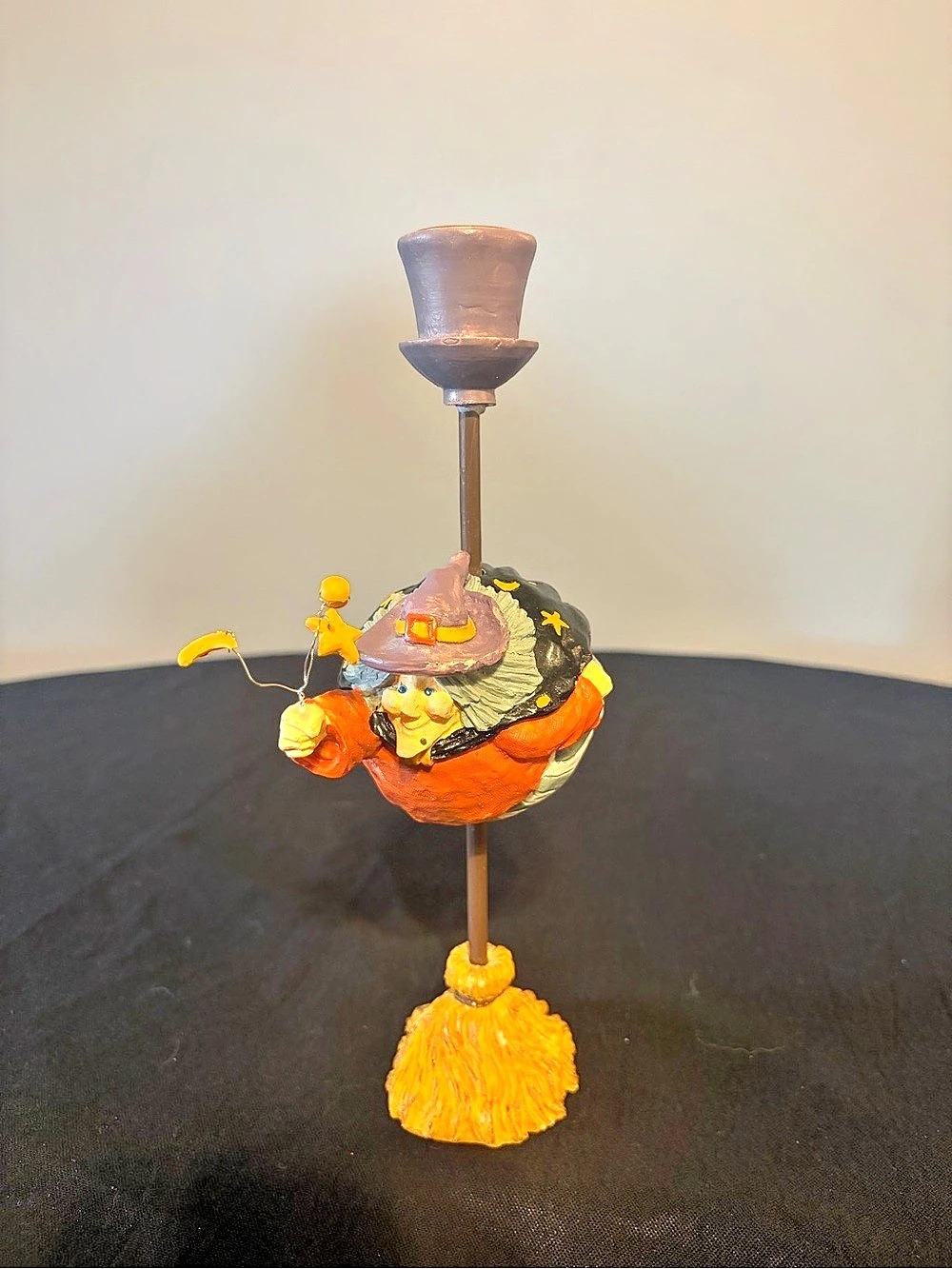 Halloween Whimsical Flying Witch On Broom Candle Stick Midwest Of Cannon Falls.
